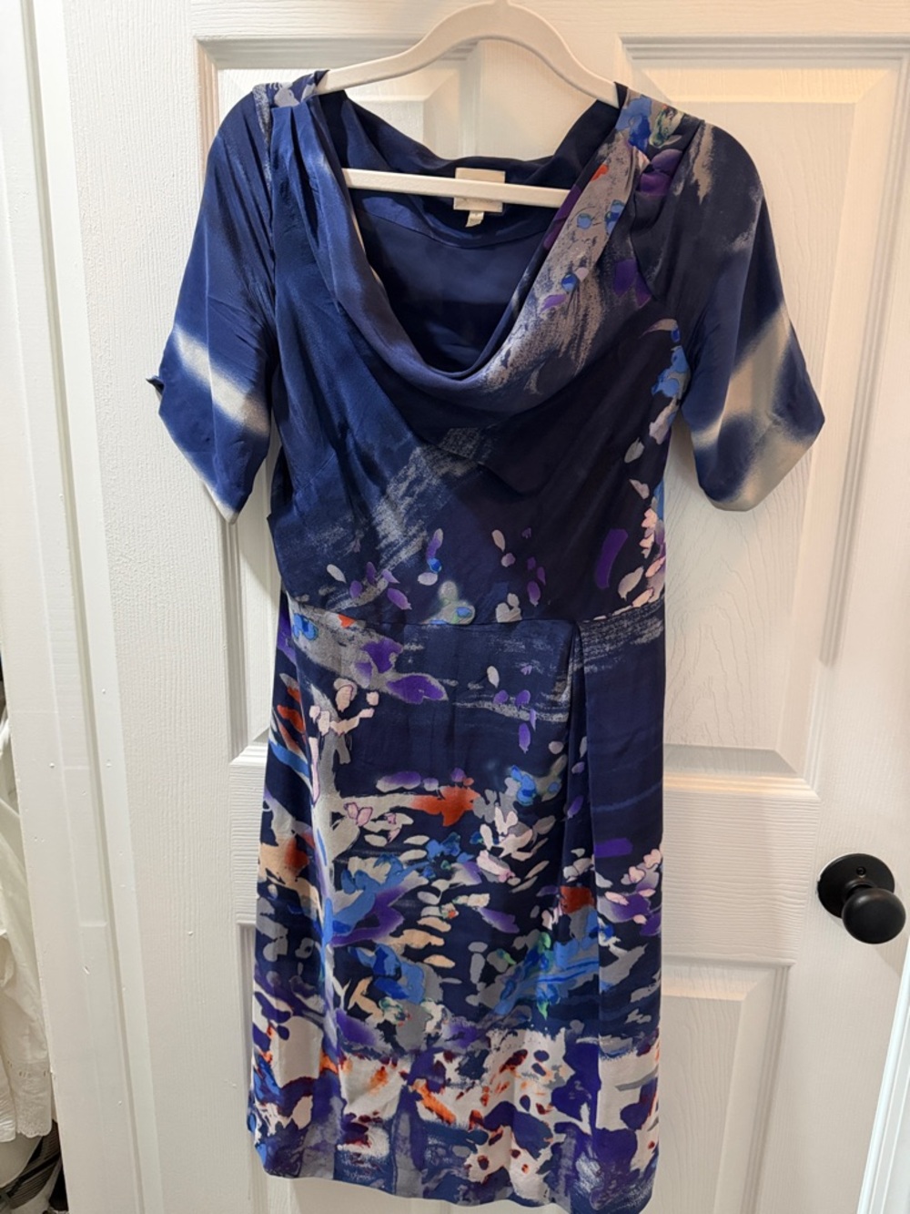 Anthropologie Navy Blue Floral Cowl Neck Dress